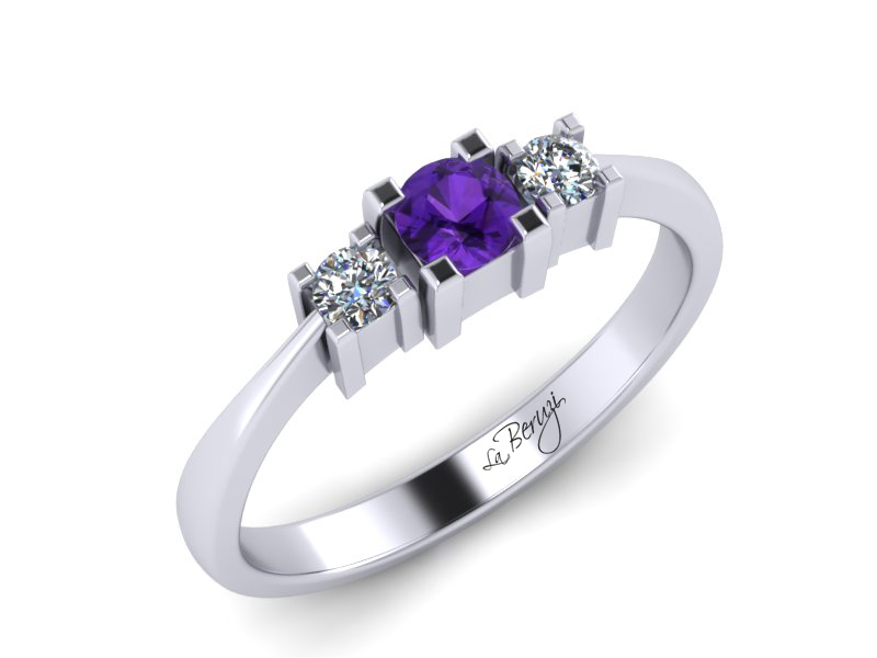 Inel de logodna din aur alb 14K cu Ametist si diamante de 0,08 ct  - MDM013
