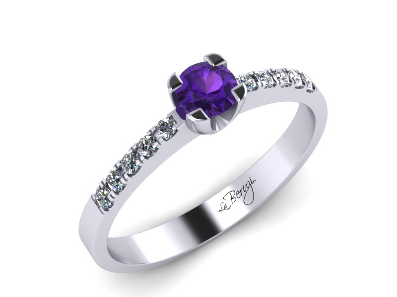 Inel de logodna din aur alb 14K cu Ametist de 3,0mm si diamante de 0,12 ct - MDM002
